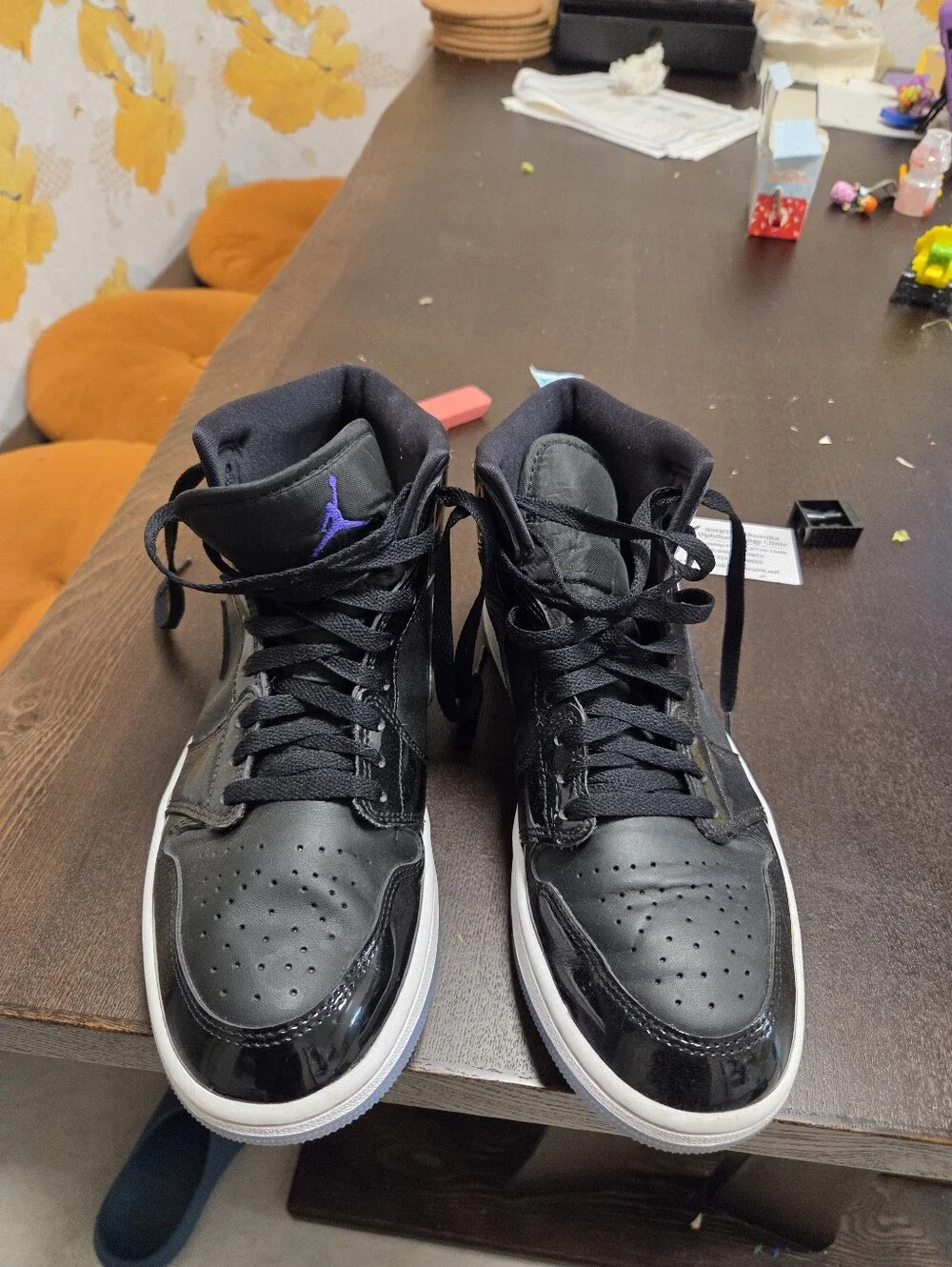 Jordan Black Patent Leather High-Top Sneakers with Purple Jumpman